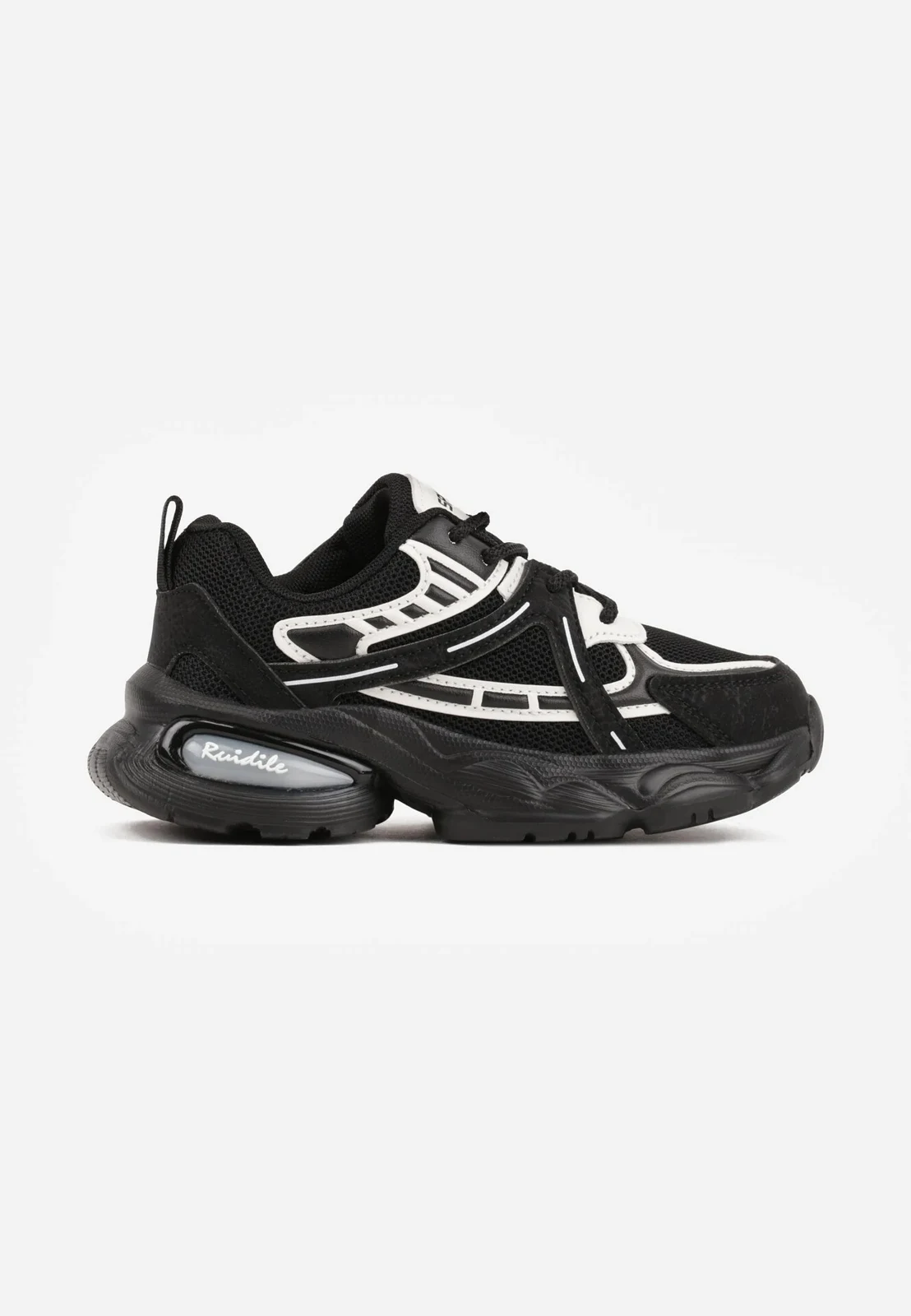 Czarne Buty Sportowe Sneakersy ze Skórzaną Wkładką i Geometrycznym Wzorem Karella