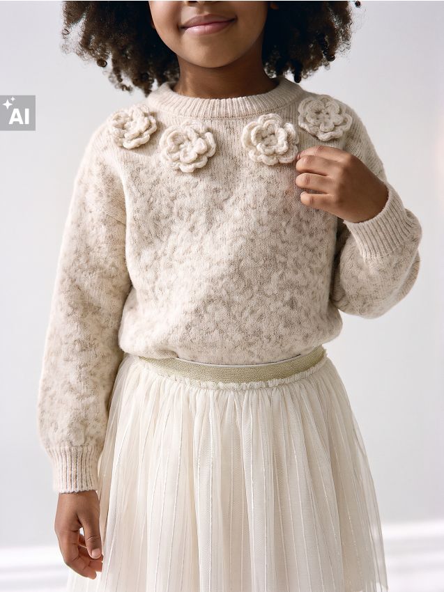 Sweter z domieszką wełny z kwiatami 3D