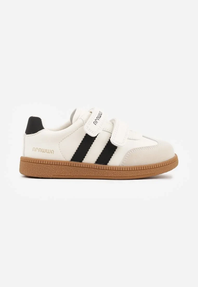 Beżowe Buty Sportowe Sneakersy ze Skórzaną Wkładką Napisami i Paskami Nemoreli