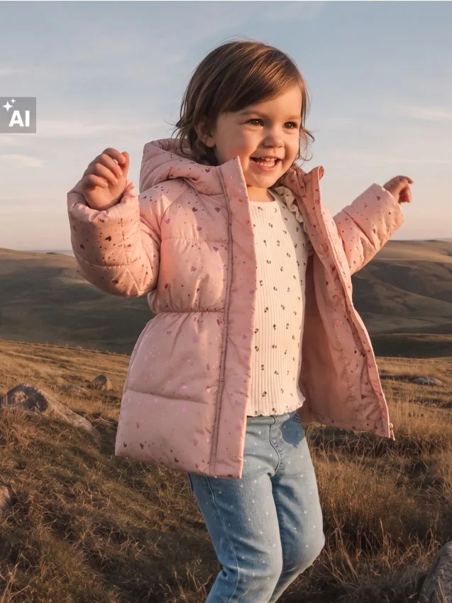 Pikowana kurtka puffer z kapturem z motywem serc