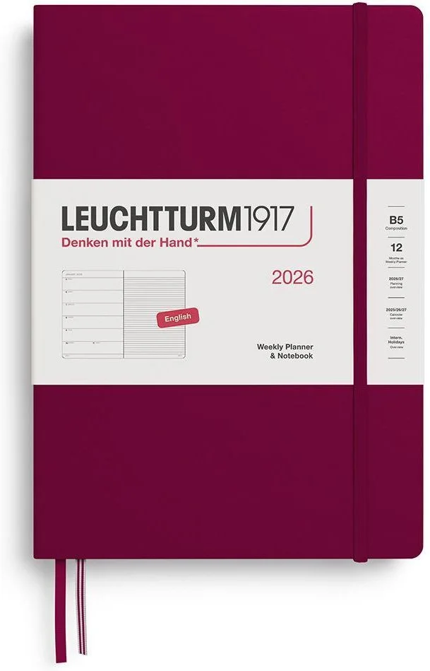 Leuchtturm 1917 Planer Tygodniowy Z Notatnikiem W Linię Twardej Oprawie 2026 En B5 Bordowy