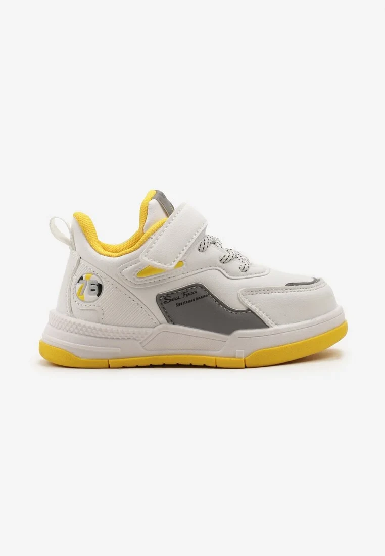 Biało-Żółte Płaskie Buty Sportowe Sneakersy Zapinane na Rzep z Ozdobnym Sznurowaniem Biota