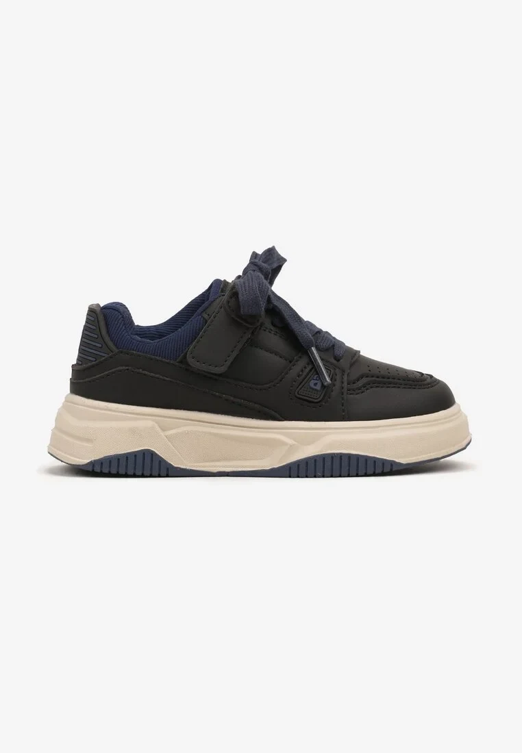 Czarno-Granatowe Buty Sportowe Sneakersy ze Skórzaną Wkładką na Grubej Podeszwie Zapinane na Rzep Evirissa