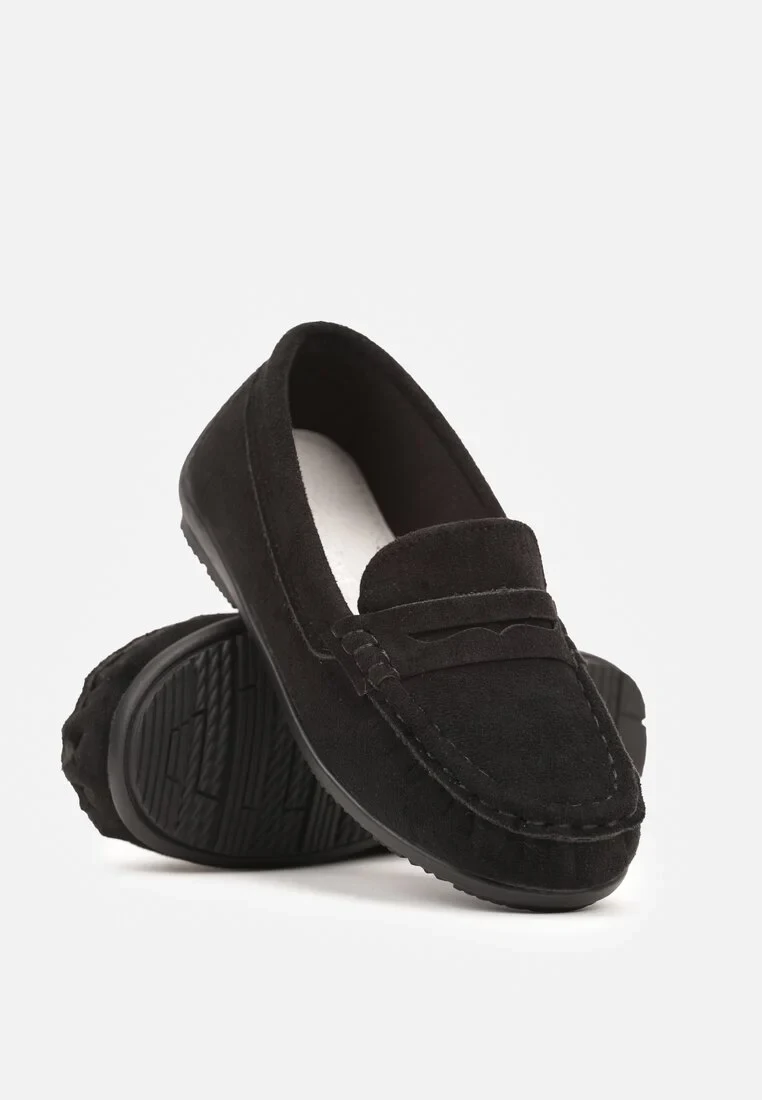 Czarne Płaskie Półbuty Mokasyny z Ozdobnym Przeszyciem i Skórzaną Wkładką Rirvia