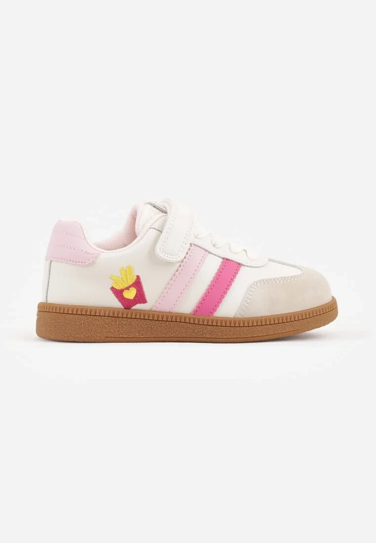 Beżowo-Różowe Buty Sportowe Sneakersy ze Skórzaną Wkładką i Paskami i Frytkami Petheleia