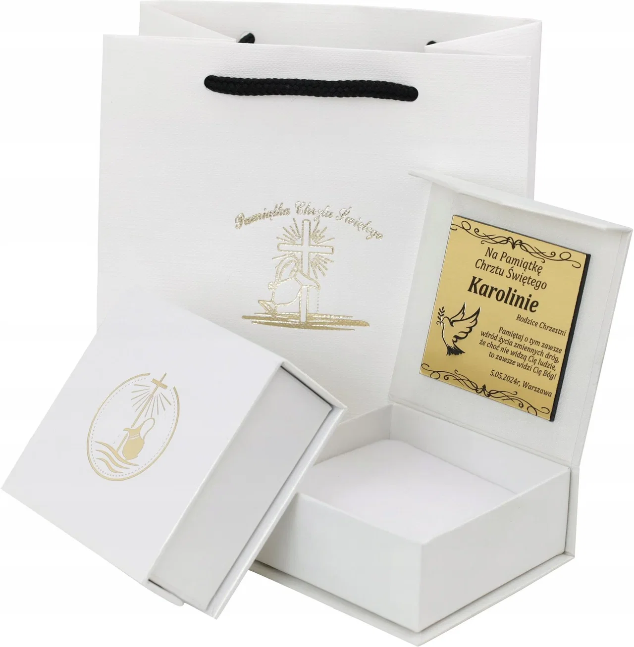 Golden Haus Pudełko+torebka+tabliczka Z Grawerem Pamiątka Chrztu Świętego Chrzest