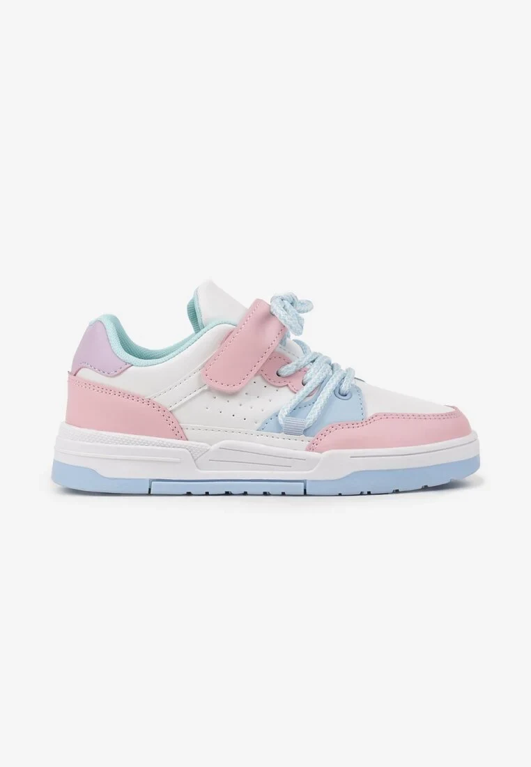 Biało-Niebieskie Płaskie Buty Sportowe Sneakersy na Rzep z Geometrycznym Wzorem i Sznurowaniem Terevan