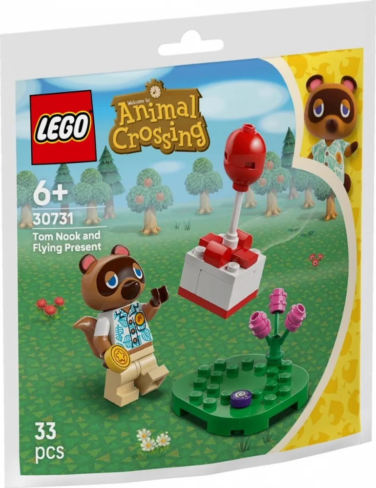 Przód saszetki LEGO Animal Crossing 30731 Tom Nook i latający prezent