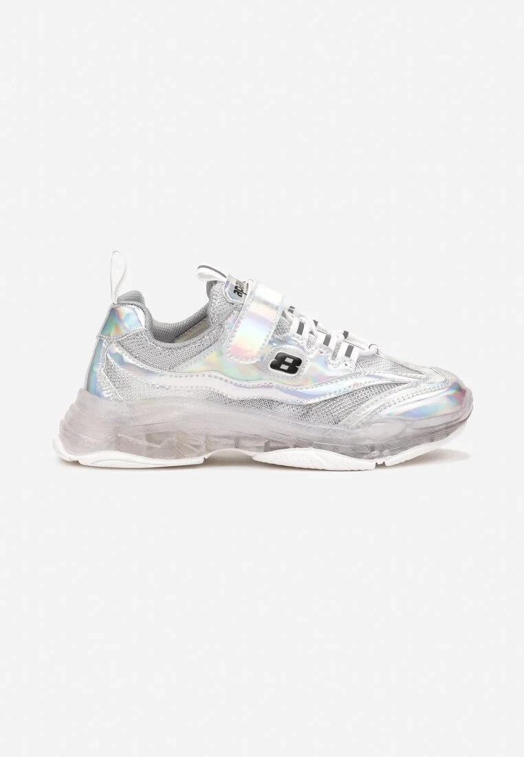 Białe Siateczkowe Buty Sportowe z Holograficznymi Wstawkami i Rzepem Rahen
