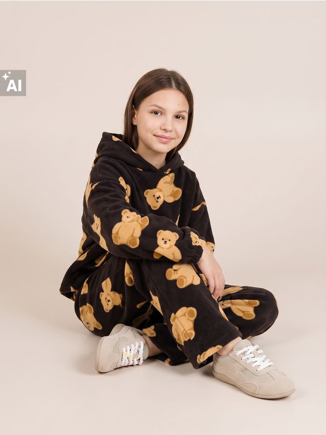 Spodnie polarowe z motywem misiów i stoperami przy nogawkach