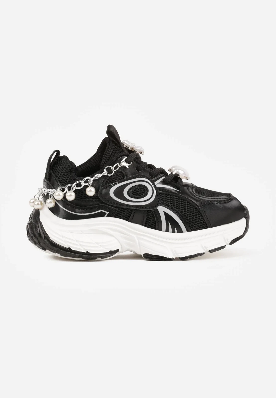 Czarne Buty Sportowe Sneakersy Chunky z Ozdobnym Łańcuszkiem z Perełkami Nephenilla