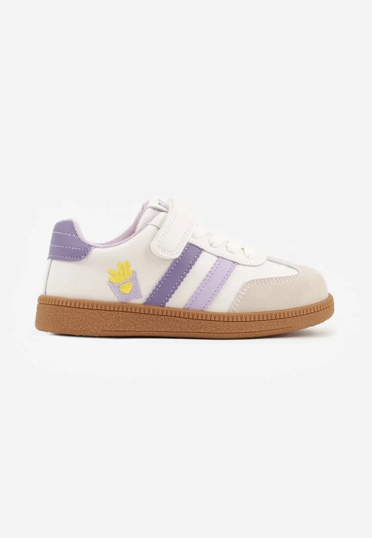 Beżowe Buty Sportowe Sneakersy ze Skórzaną Wkładką i Paskami i Frytkami Petheleia