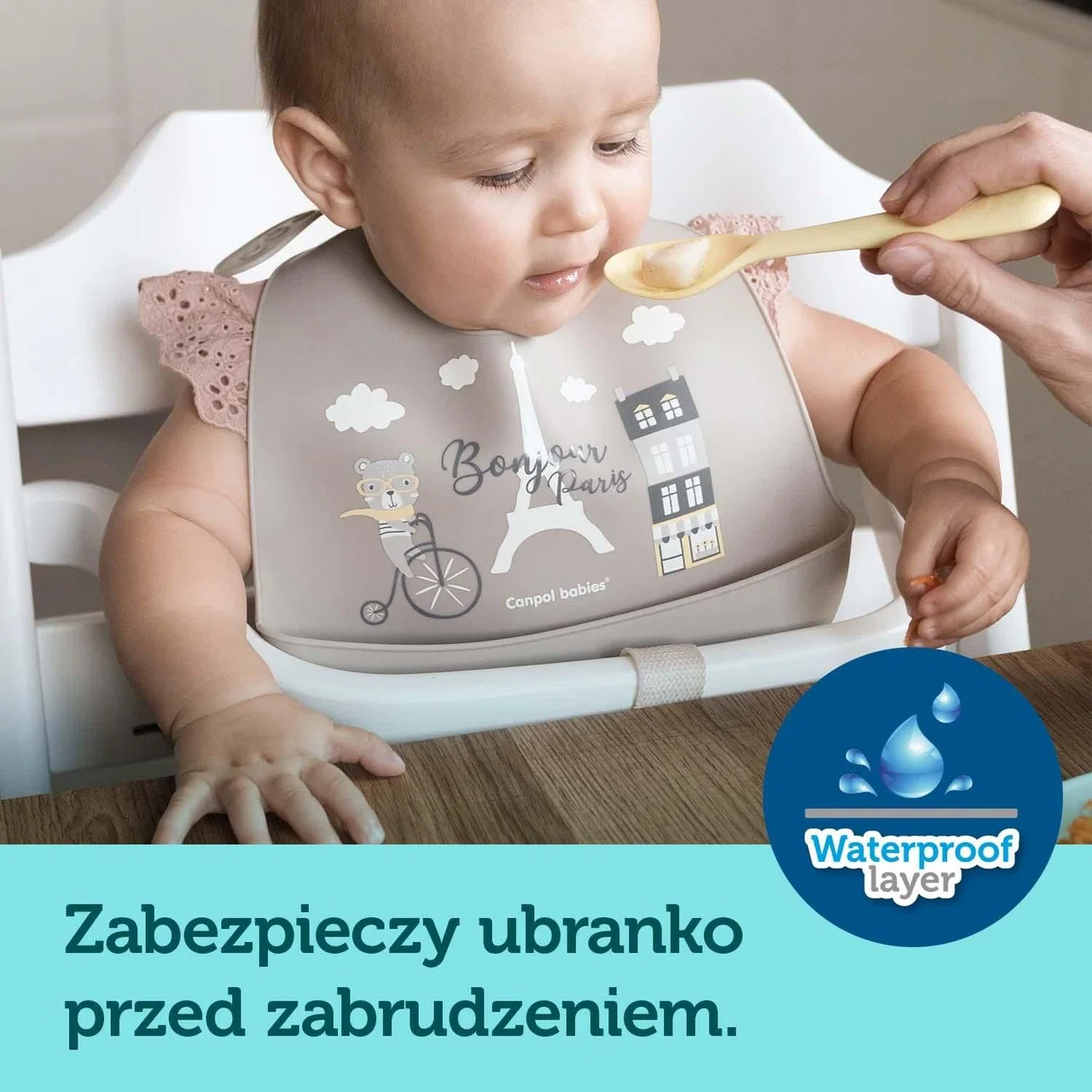 Canpol babies śliniak silikonowy z kieszonką BONJOUR PARIS beżowy (74/027_bei)